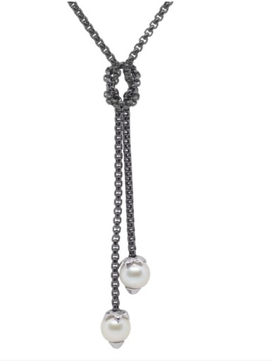 [08-52-P262-01] Stainless Steel Black Chain Freshwater Pearl Knotted Lariat