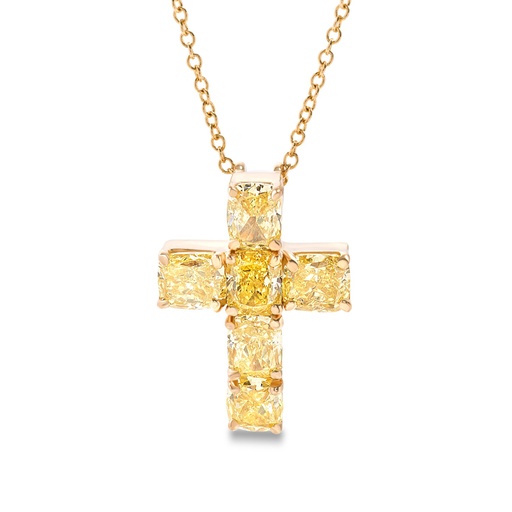 [P68367.5] 18Kt Yellow Gold Cross Necklace With (6) Cushion Cut Diamonds Weighing 3.16cttw