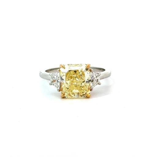 [RRA304] Platinum and 18Kt Yellow Ring With A Radiant Cut Yellow Diamond Weighing 3.04ct And (2) Trapezoid Diamonds Weighing 0.50ct