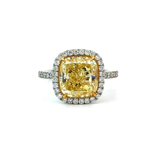 [RCMB493] Platinum and 18Kt Yellow Gold Halo Ring With A Cushion Cut Yellow Diamond Weighing 4.93ct and Round Diamonds Weighing 0.30ct