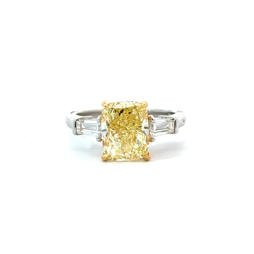 [RCMB316] Platinum and 18Kt Yellow Gold Ring with A Cushion Cut Yellow Diamond Weighing 3.16ct And (2) Tapered Baguettes Weighing 0.45ct
