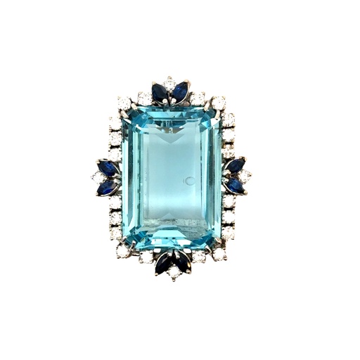 [BR44094A] 14Kt White Gold Pin/Pendant With An Emerald Cut Aquamarine Weighing 35.26ct, (24) Round Diamonds Weighing 1.50ct, And (8) Marquise Sapphires Weighing 0.80ct