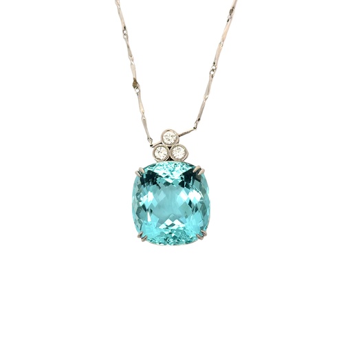 [P53601A.2] Platinum Necklace With A Cushion Cut Aquamarine Weighing 59.07ct And (3) Round Diamonds Weighing 0.71ct