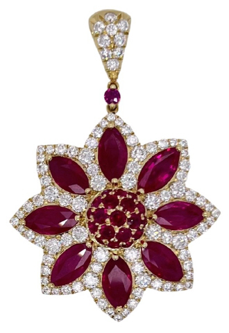 [19728] 18Kt Yellow Gold Flower Pendant With (8) Marquise Rubies Weighing 9.00ct, (20) Round Rubies Weighing 1.30ct), And (89) Round Diamonds Weighing 3.00ct