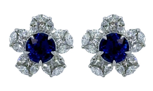 [23255] 18Kt White Gold Flower Studs With (2) Round Sapphires Weighing 1.17ct And (40) Round Diamonds Weighing 0.90ct