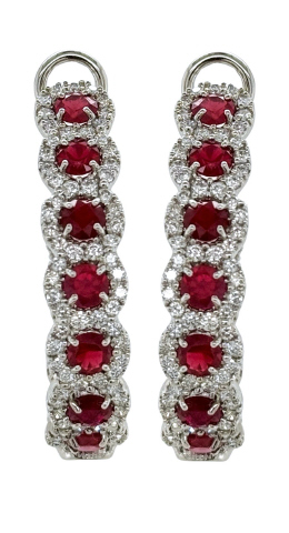 [22293] 18Kt White Gold Halo Style Hoops With Rubies Weighing 9.08ct And Round Diamonds Weighing 2.56ct