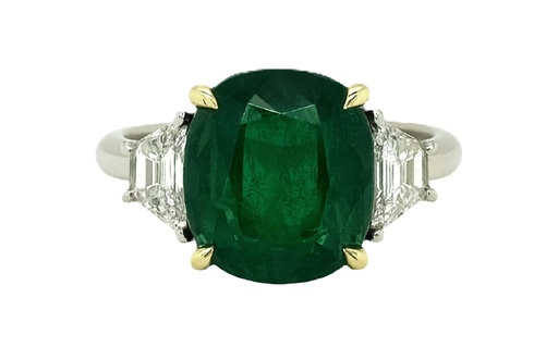 [24186] Platinum And 18Kt Yellow Gold Three Stone Ring With A Cushion Cut Emerald Weighing 5.17ct And (2) Trapezoid Diamonds Weighing 0.55ct