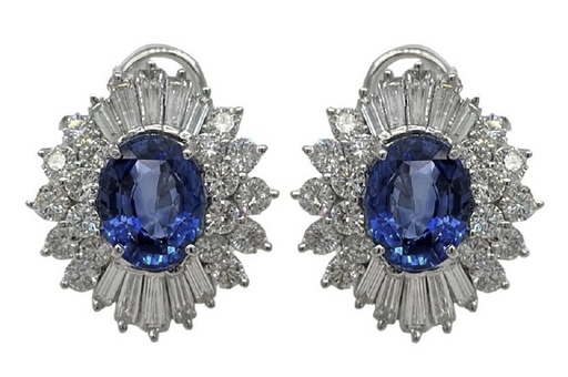 [23970] Platinum Earrings With (2) Oval Sapphires Weighing 6.66ct And (56) Baguette And Round Diamonds Weighing 4.00ct