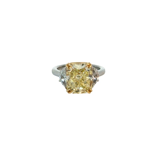 [PRTR80045-P] Platinum and 18Kt Yellow Gold Three Stone Ring With A Radiant Yellow Diamond Weighing 5.75ct And (2) Half Moon Diamonds Weighing 0.43ct