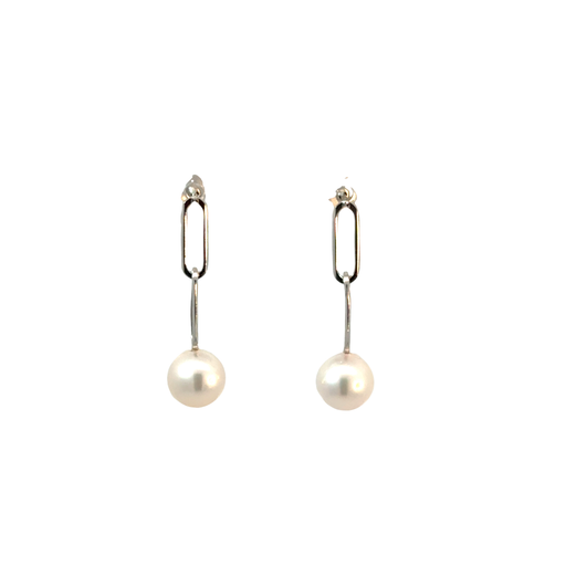[PE224AWS] 6.5-7mm Cultured Pearl Paperclip Chain Dangle Earrings In 14Kt White Gold 