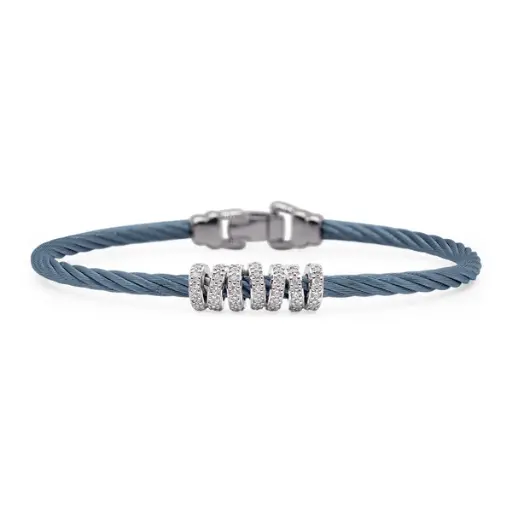[04-64-7703-11] 14Kt White Gold Island Blue Nautical Cable Wrapped Diamond Station Bracelet 0.41cttw