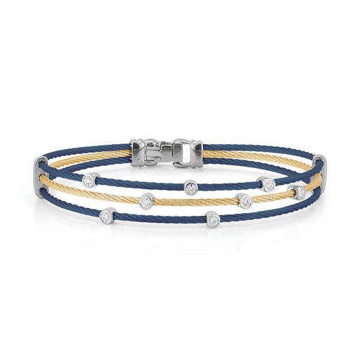 [04-68-S386-11] 14Kt White Gold Blueberry And Yellow Nautical Cable Scattered Diamond Bracelet 0.11cttw