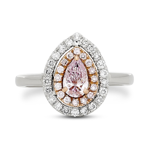 [R65407] Platinum And 18Kt Rose Gold Halo Ring With A Pear Shaped Pink Diamond Weighing 0.47ct, (16) Round Pink Diamonds Weighing 0.13ct, And (22) Round Diamonds Weighing 0.26ct