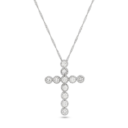 [PD79676] 14Kt White Gold Cross Necklace With (11) Round Diamonds Weighing 0.52cttw