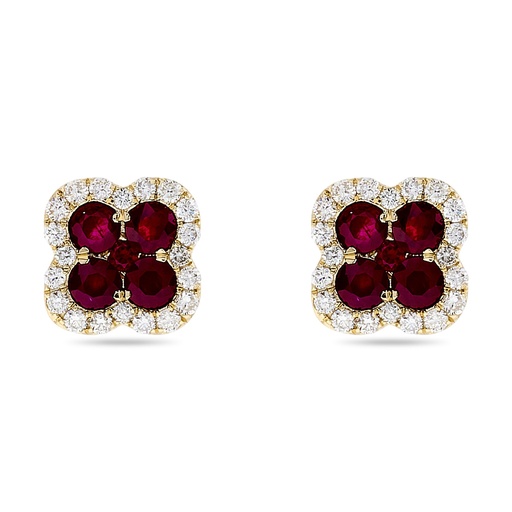 [E82631] 14Kt White Gold Clover Earrings With (10) Round Rubies Weighing 1.75ct And (40) Round Diamonds Weighing 0.65cttw