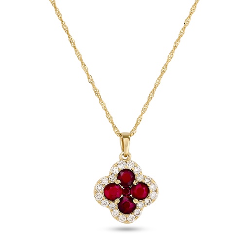 [PD82635] 14Kt Yellow Gold Clover Necklace With (5) Round Rubies Weighing 1.15ct And (20) Round Diamonds Weighing 0.37ct