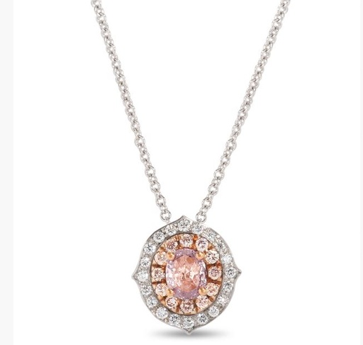 [OPDD050-O] 18Kt Two Toned Necklace With A Pink Oval Diamond Weighing 0.28ct, A Pink Diamond Halo Weighing 0.12ct, And A White Diamond Halo Weighing 0.10ct