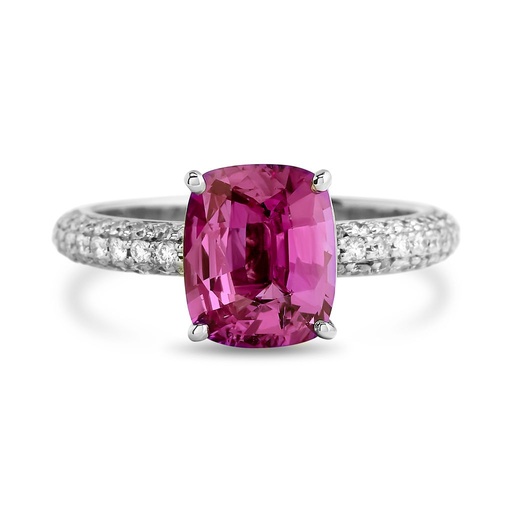 [ORSA252CU-O] Platinum Ring With A Cushion Cut Pink Sapphire Weighing 2.52ct And A Pave Band Of Round Diamonds