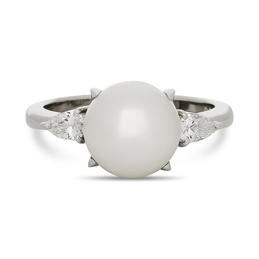 [R82291] Platinum Ring With A 9.2mm Pearl And (2) Pear Shaped Diamonds Weighing 0.28ct