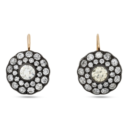 [OED277OE-O] 18Kt Yellow Gold Dangle Earrings With (2) Old European Cut Diamonds Weighing 2.77ct And Round Diamonds Weighing 5.21ct
