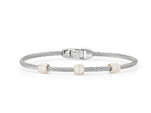 [04-33-S937-11] 14Kt Yellow Gold Grey Nautical Cable Triple Barrel Station Bracelet With (24) Round Diamonds Weighing 0.21cttw