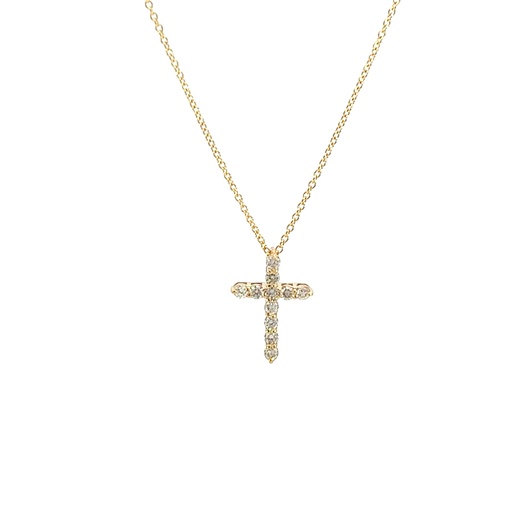 [P058-33-11-Y_41] 14Kt Yellow Gold Cross Necklace With (11) Round Diamonds Weighing 0.33cttw