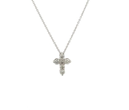 [P078-70-W PD106] 14Kt White Gold Cross Necklace with (6) Round Diamonds Weighing 0.73cttw 